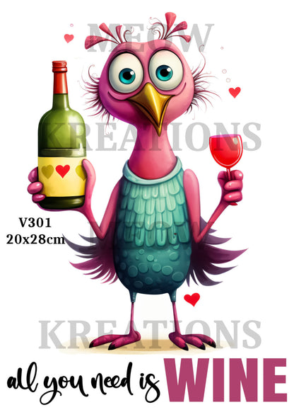 Funny Bird Needing Wine Valentine Decoupage Rice Paper - V 301