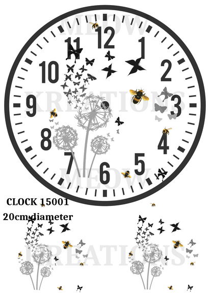 Bee & Dandelion Butterfly Clock Decoupage Rice Paper - CLOCK 15001