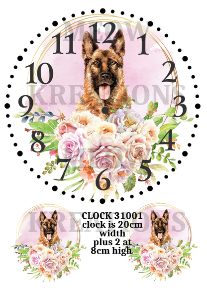 German Shepherd & Flowers Clock Decoupage Rice Paper – CLOCK 31001