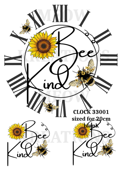 Bee Kind Bee & Sunflower Clock Decoupage Rice Paper - CLOCK 33001