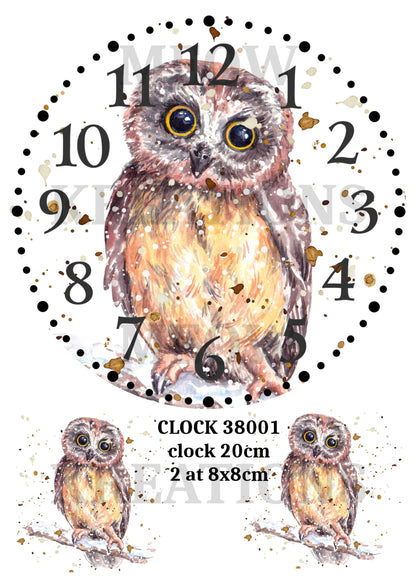 Watercolour Owl Clock Decoupage Rice Paper – CLOCK 38001