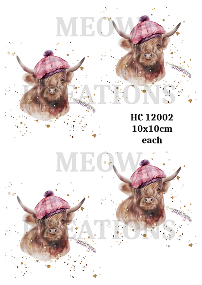 Highland Cow in Pink Hat Decoupage Rice Paper - HC 12002