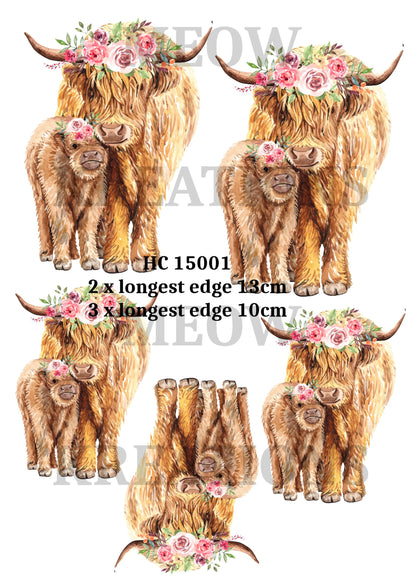 Highland Cow Floral Crown Decoupage Rice Paper - HC 15001