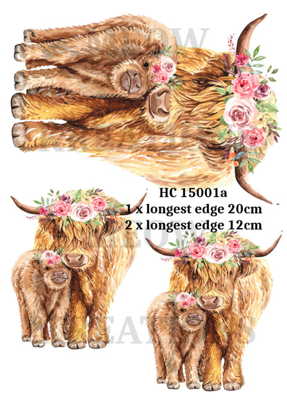 Highland Cow Floral Crown Decoupage Rice Paper - HC 15001a