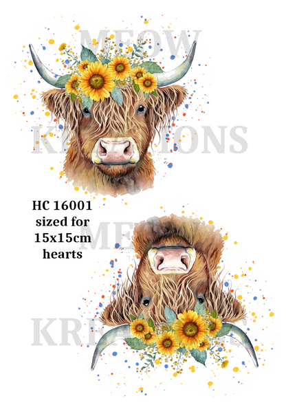 Highland Cow, Sunflower, Floral Crown, Decoupage Rice Paper - HC 16001