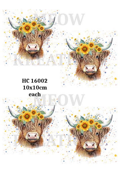 Highland Cow, Sunflower, Floral Crown, Decoupage Rice Paper - HC 16002