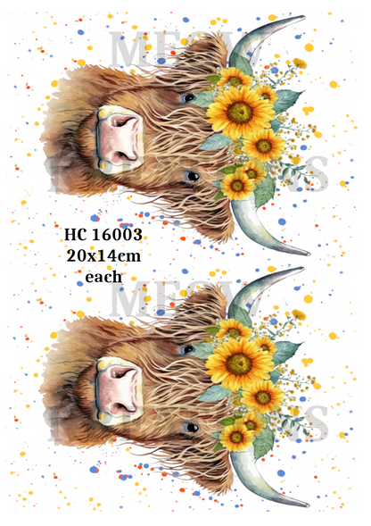 Highland Cow Sunflower Floral Crown Decoupage Rice Paper - HC 16003