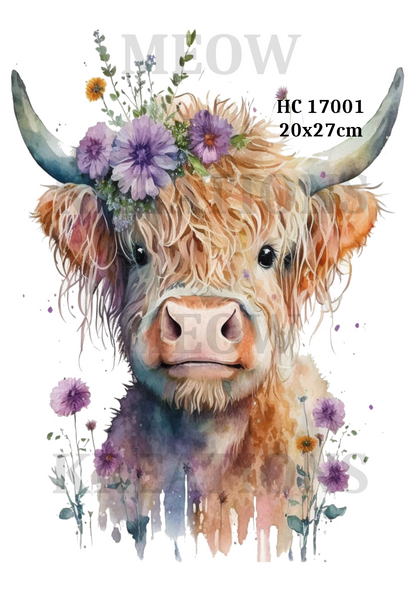 Highland Cow Floral Crown Decoupage Rice Paper - HC 17001