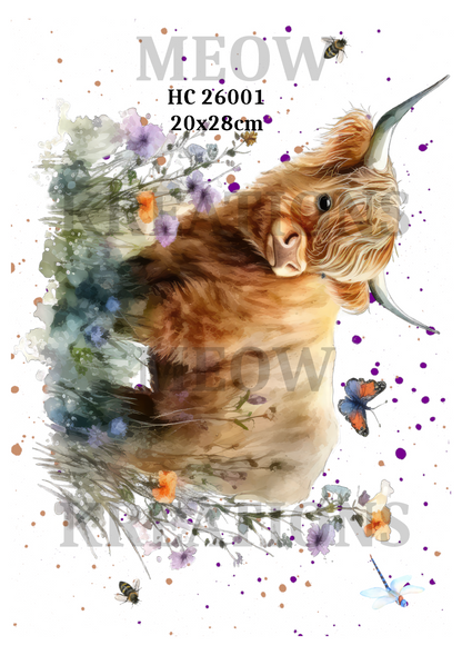 Highland Cow in Flowers Decoupage Rice Paper - HC 26001