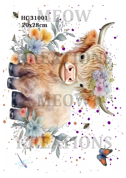 Highland Cow Floral Crown Decoupage Rice Paper - HC 31001