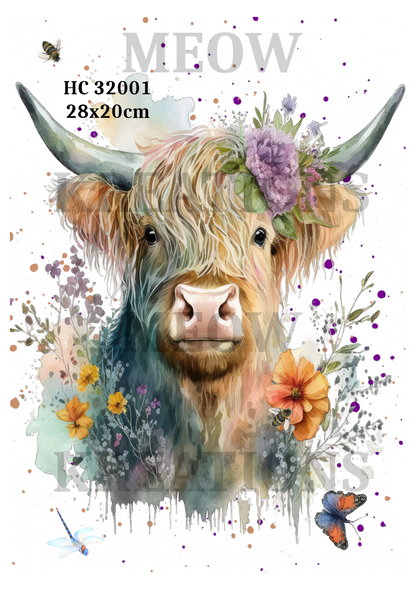 Highland Cow Floral Crown Decoupage Rice Paper - HC 32001