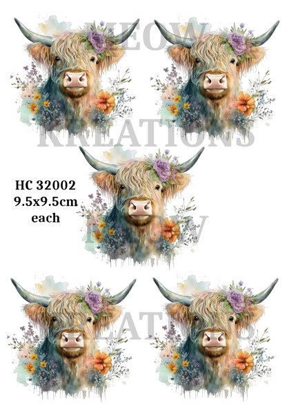 Highland Cow Floral Crown Decoupage Rice Paper - HC 32002