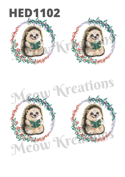 Hedgehog Reading & Floral Wreath Decoupage Rice Paper - HED 1102