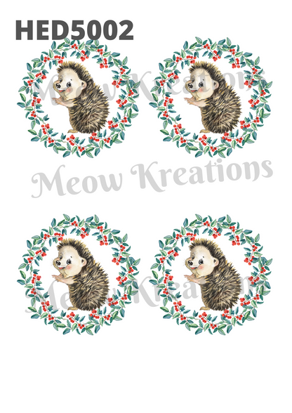 Hedgehog Christmas Holly Wreath Decoupage Rice Paper - HED 5002