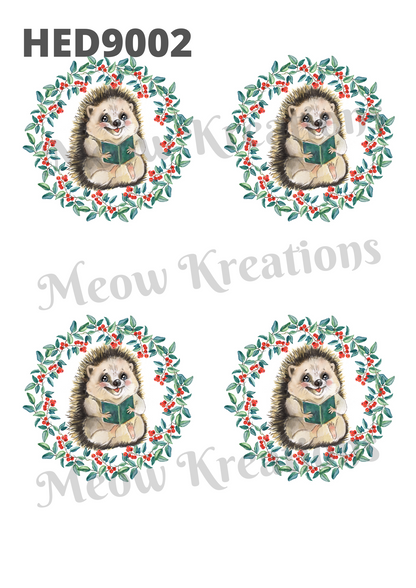 Reading Hedgehog Holly Wreath Decoupage Rice Paper - HED 9002