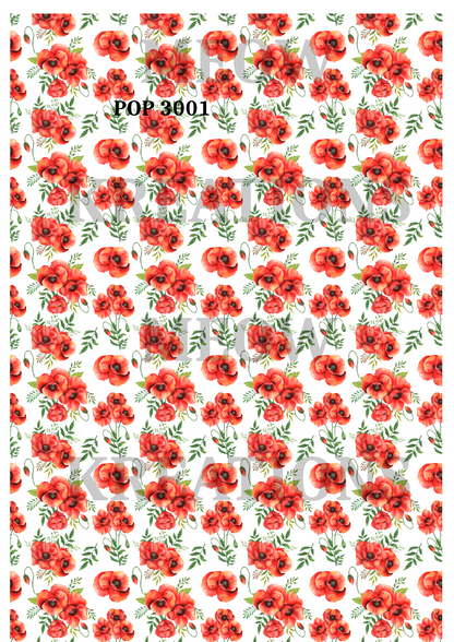 Red Poppies Floral Pattern Decoupage Rice Paper - POP 3001
