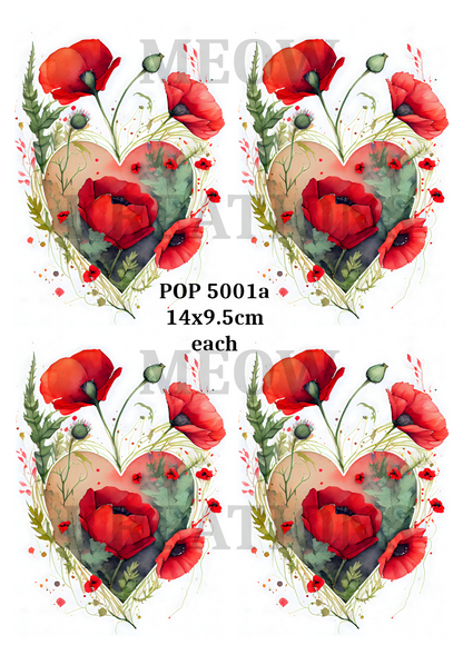 Watercolour Poppy Hearts Decoupage Rice Paper - POP 5001a