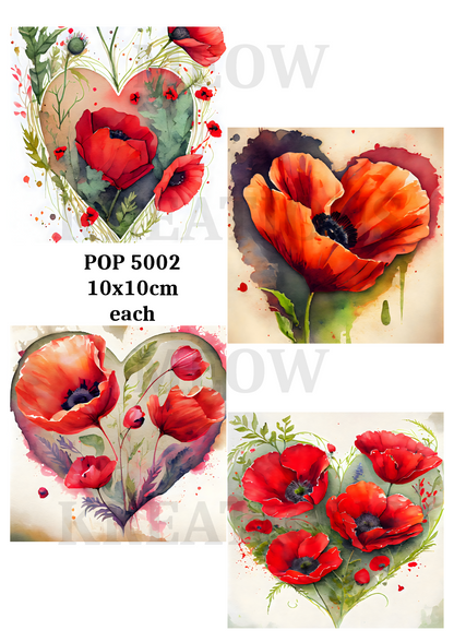 Watercolour Poppy Hearts Decoupage Rice Paper - POP 5002